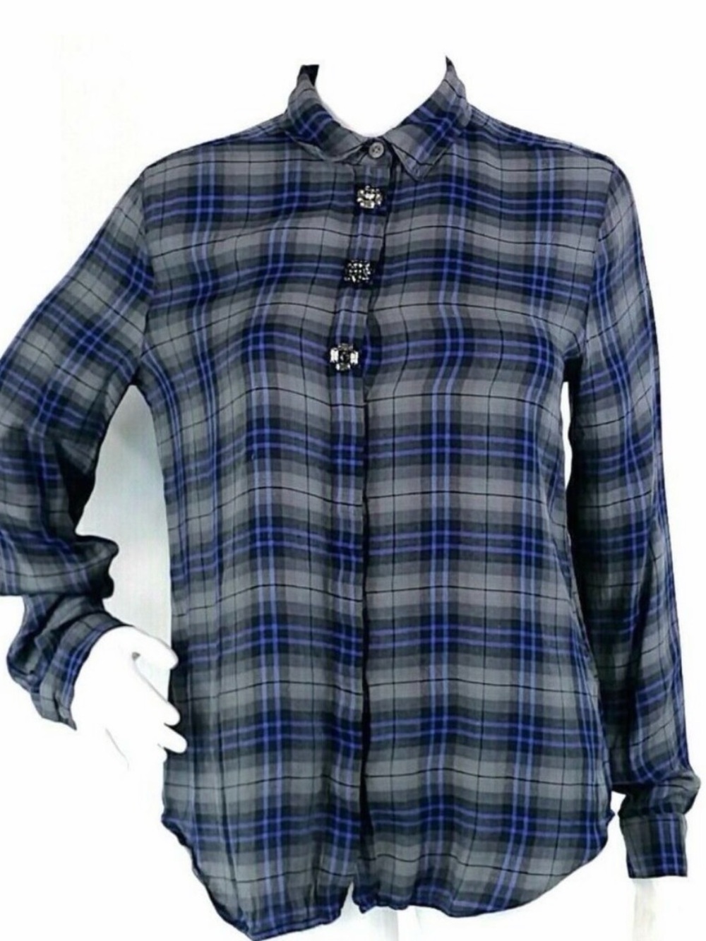 Women's Gray and Blue Plaid Button-Up Top LOFT